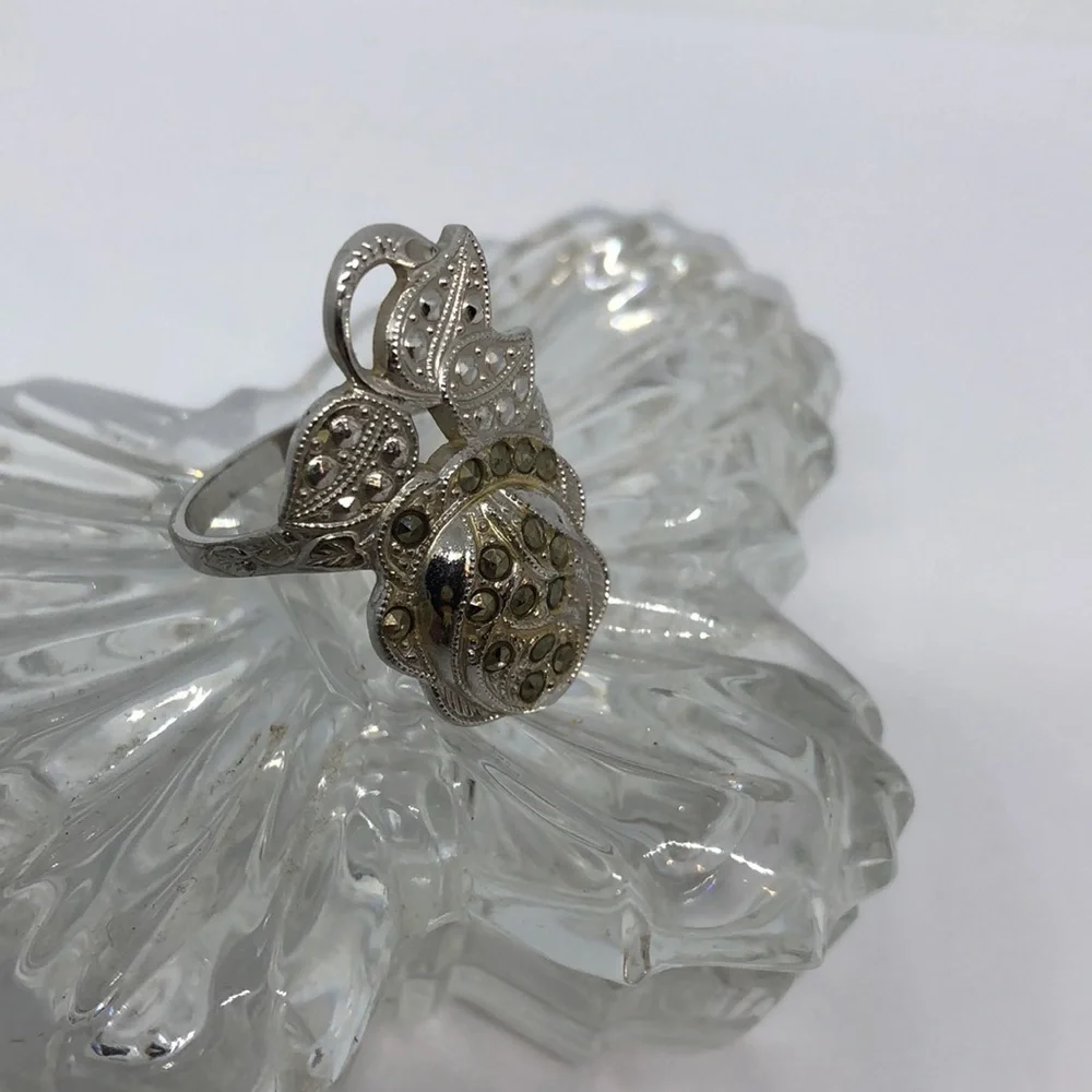 STERLING silver electroplated marcasite flower leaf ring sz 9 dressy costume